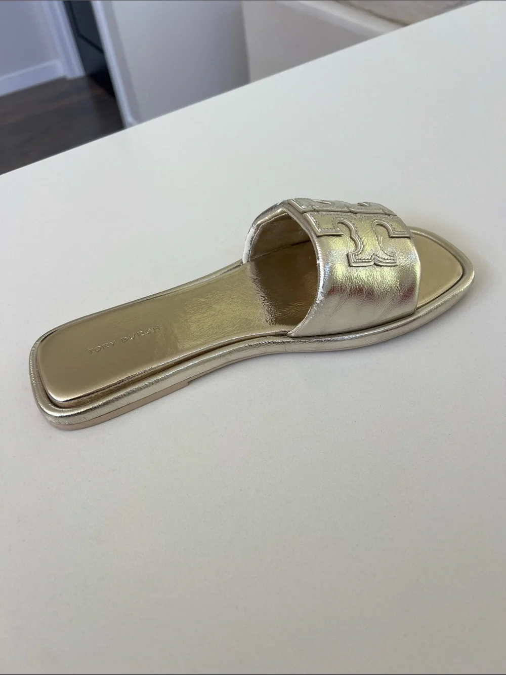 Tory Burch spark gold metallic open toe double T sport slide leather sandals 8